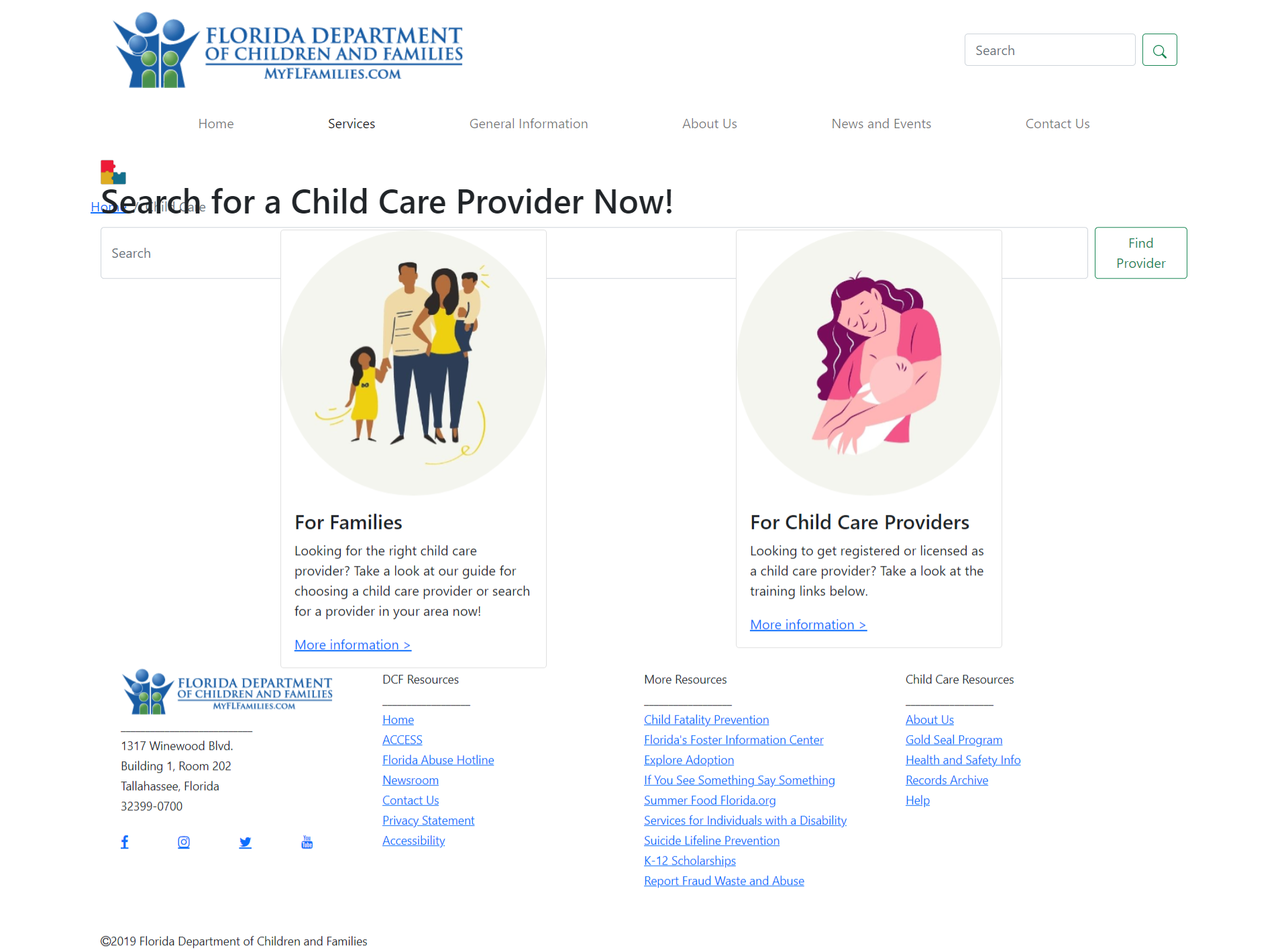 The Child Care section's home page without any images or styling displayed. Only the headings and text are visible.