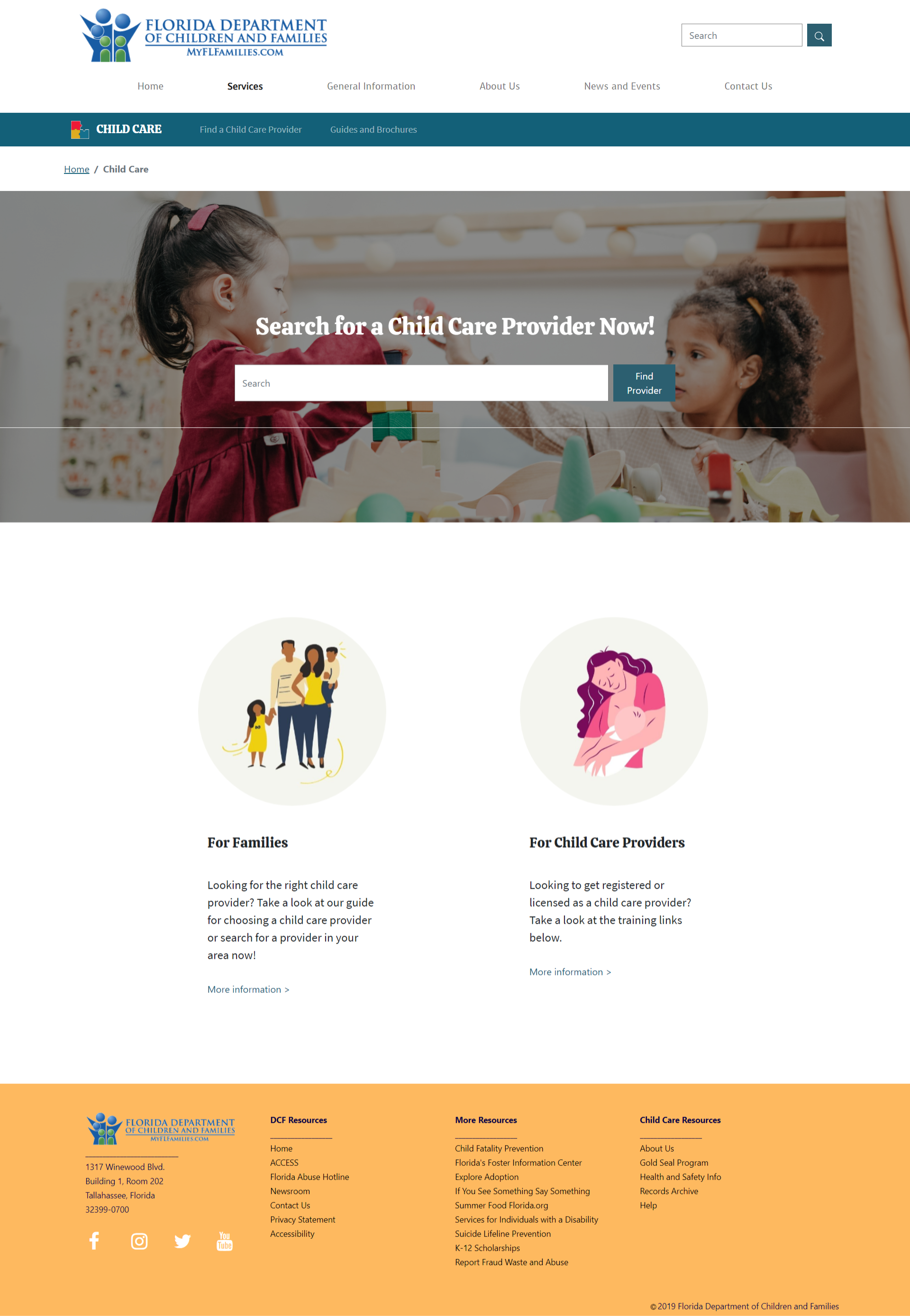 The Child Care section's home page with images and styling displayed