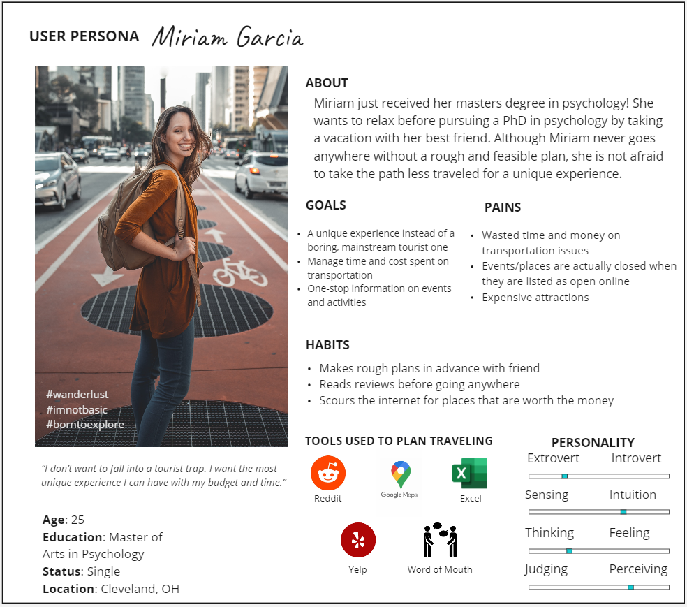 Miriam Garcia is shown along with her personality, bio, traveling goals and pains, habits, and travel planning tools used